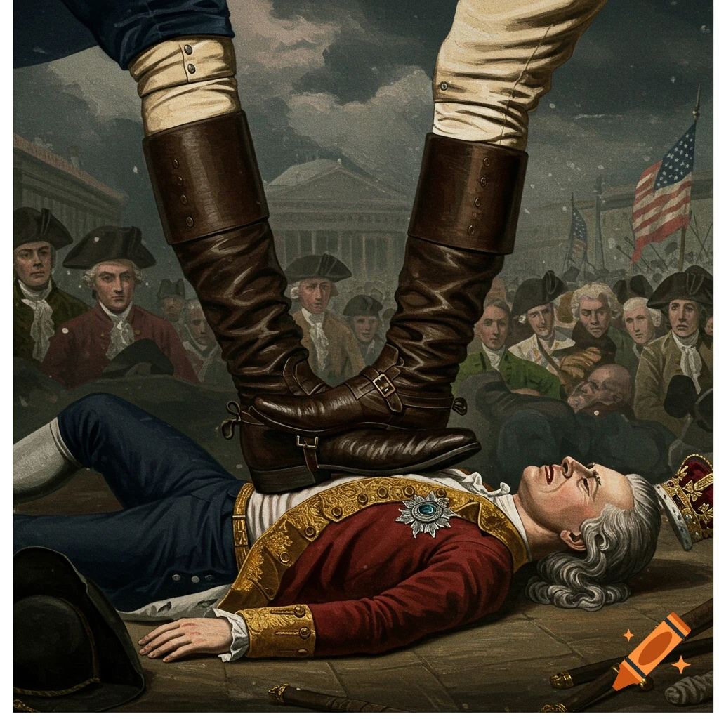 Historical painting of a figure in boots stepping on a crowned figure on the ground, representing a political allegory.