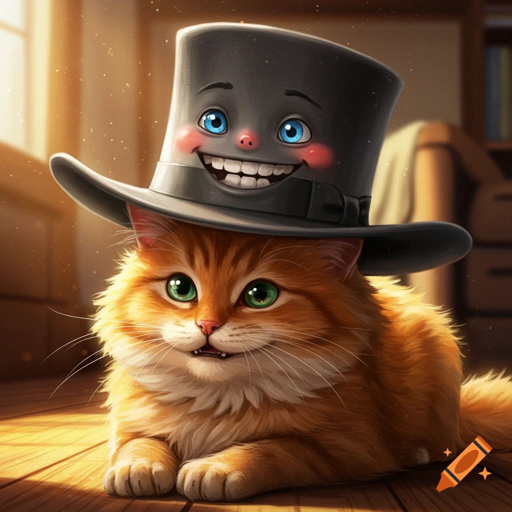 A cute orange cat wears a gray top hat with a cartoon face that is smiling widely. The cat has green eyes.