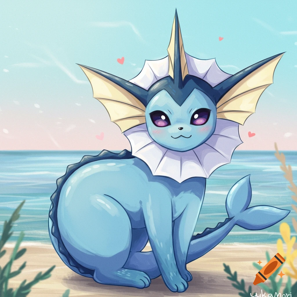 Cartoon illustration of Vaporeon sitting on a beach
