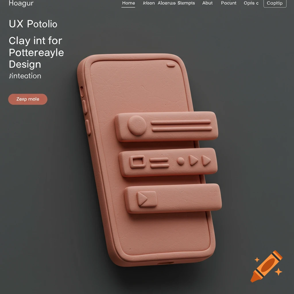 A stylized smartphone with clay-like UI elements for a UX design concept.