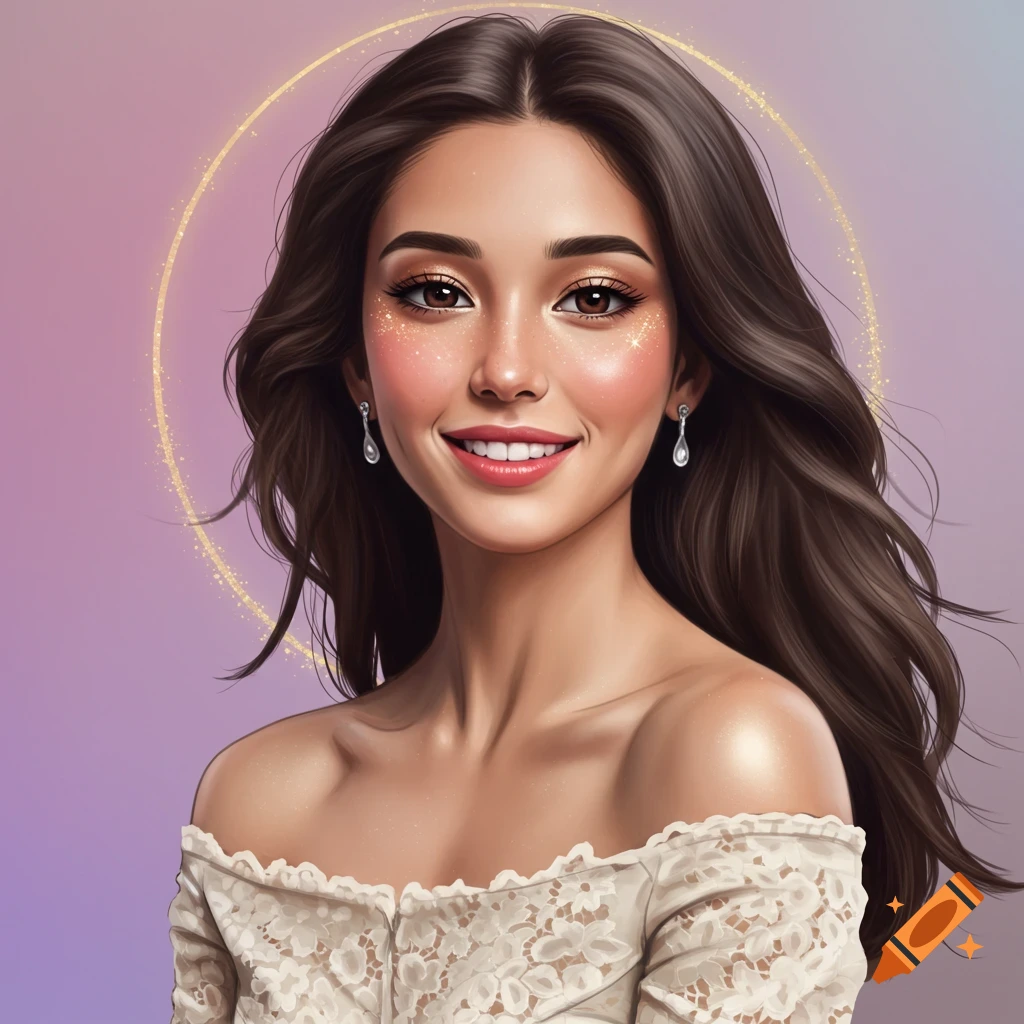 Portrait of a woman with long brown hair wearing a lace dress and earrings, with glittery makeup and a golden halo.