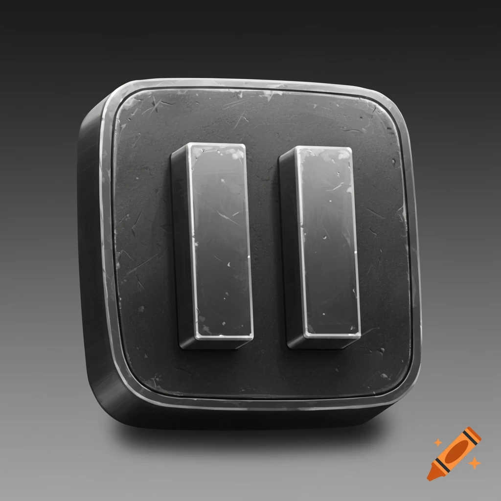 Realistic 3D render of a black, worn pause button icon.