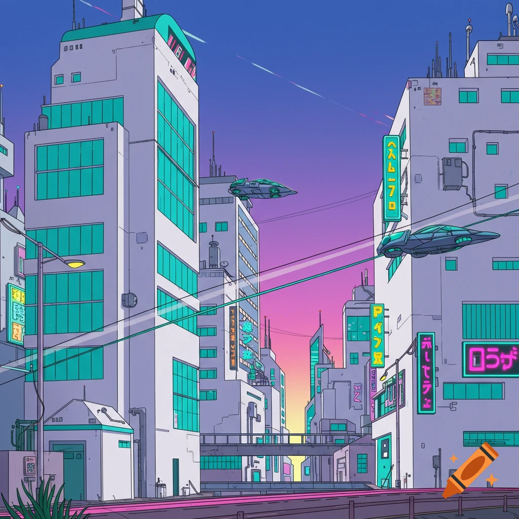 Cartoony synthwave cityscape with white buildings, teal windows, flying vehicles under a purple sky.