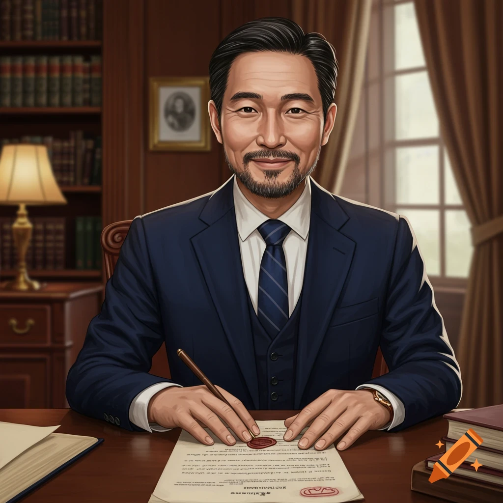 A man in a suit sits at a desk and signs a document, in a professional office setting.