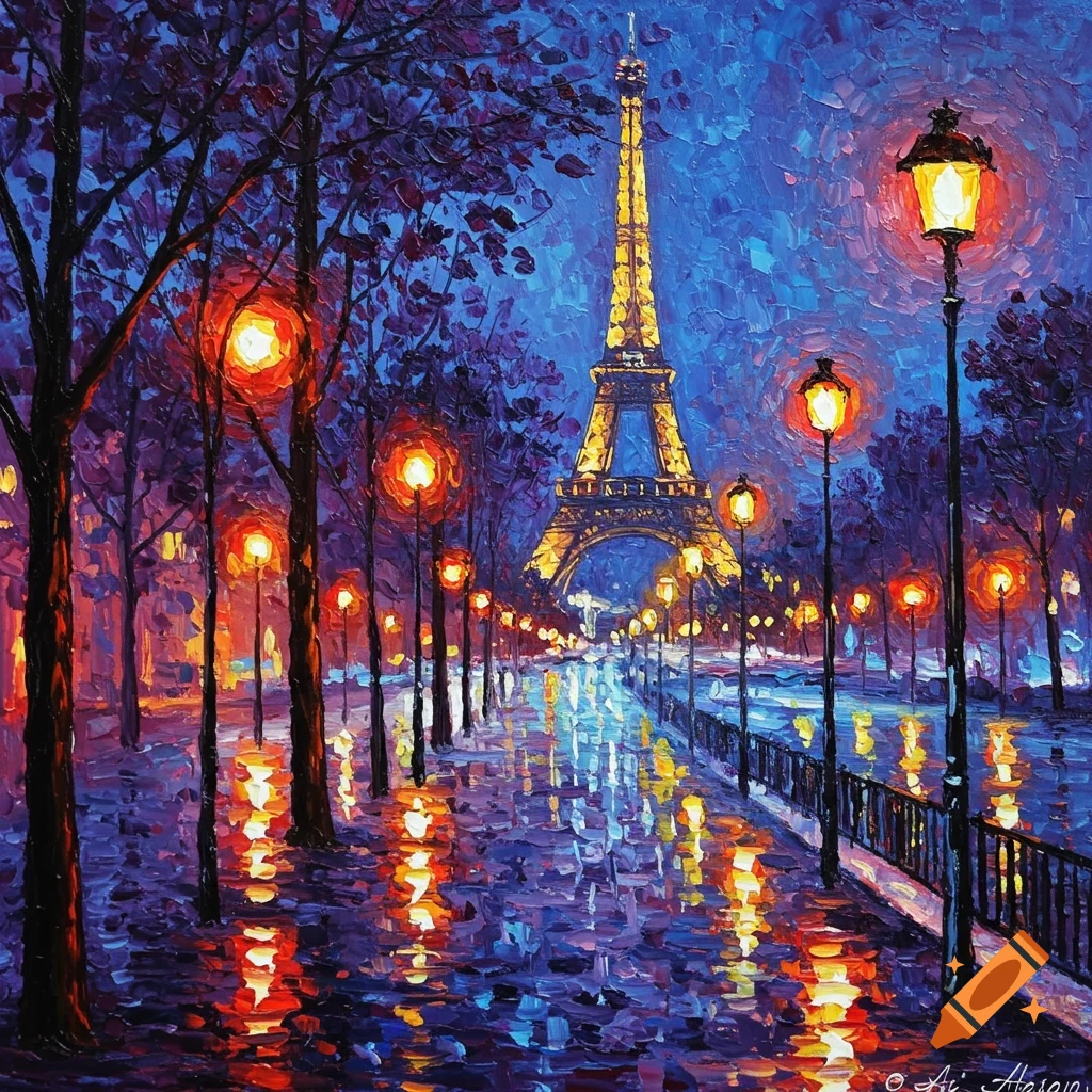 Impressionist painting of the Eiffel Tower at night, with street lights reflected on a wet street.