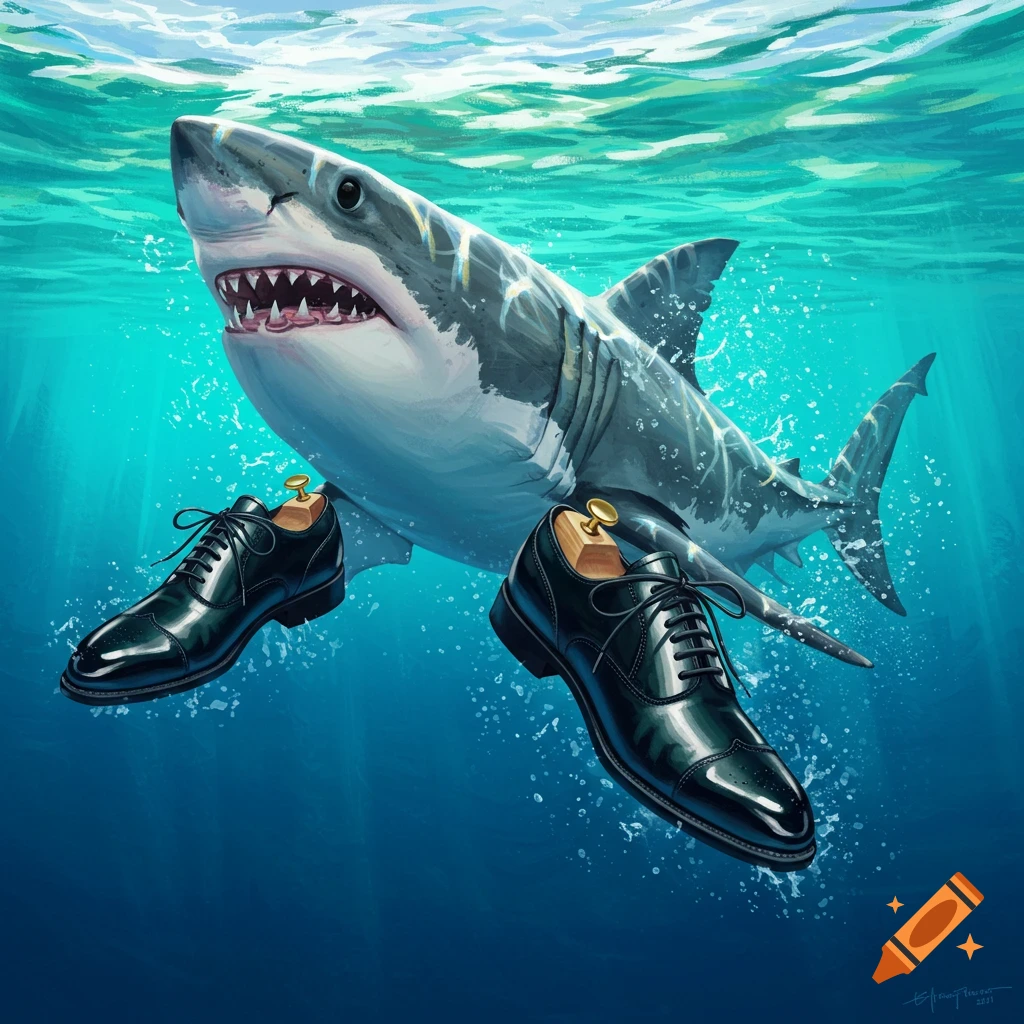 Cartoon shark wearing blue nike sneakers running on a beach near the
