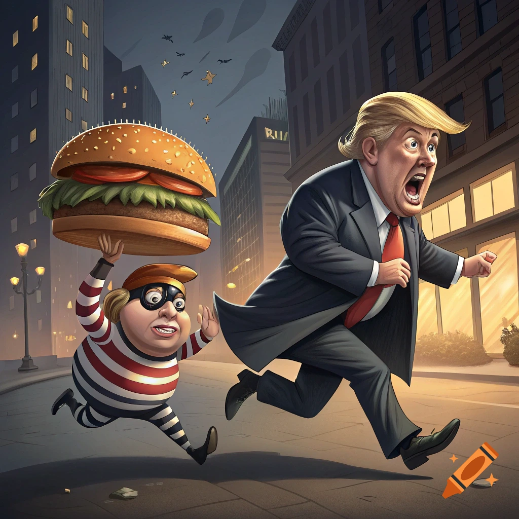 Cartoon of Donald Trump chasing the Hamburglar carrying a giant burger down a city street.