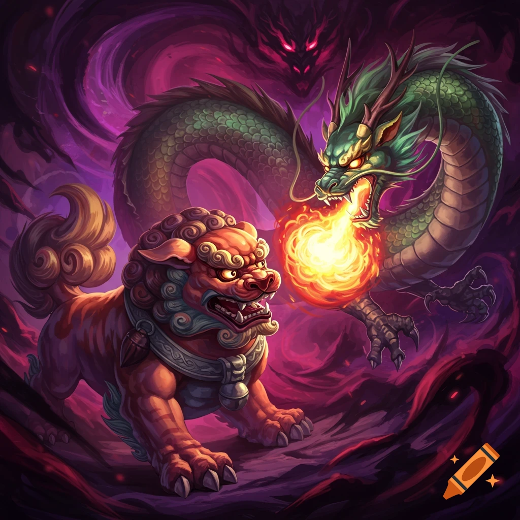 Illustration of a red Foo Dog and green dragon fighting with fire breath.