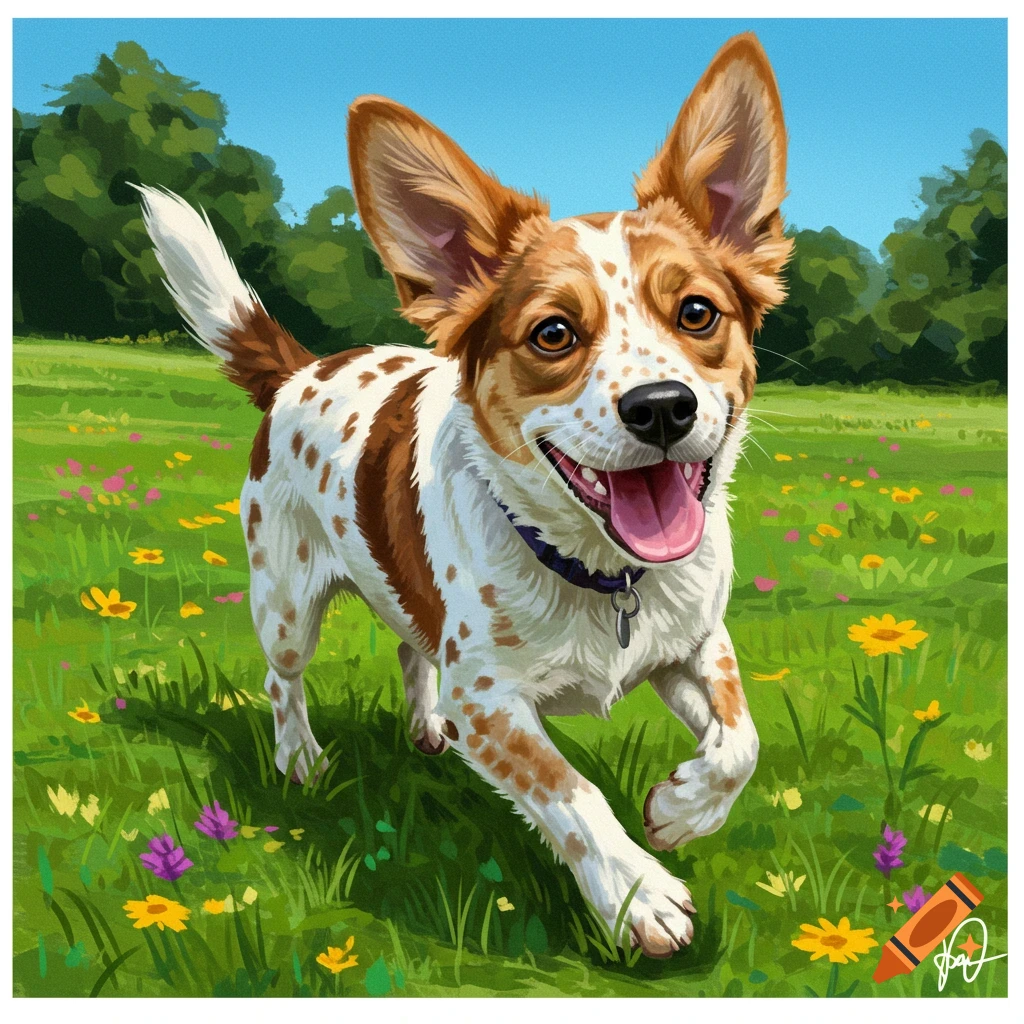 Illustration of a happy spotted dog running through a field of wildflowers under a blue sky.