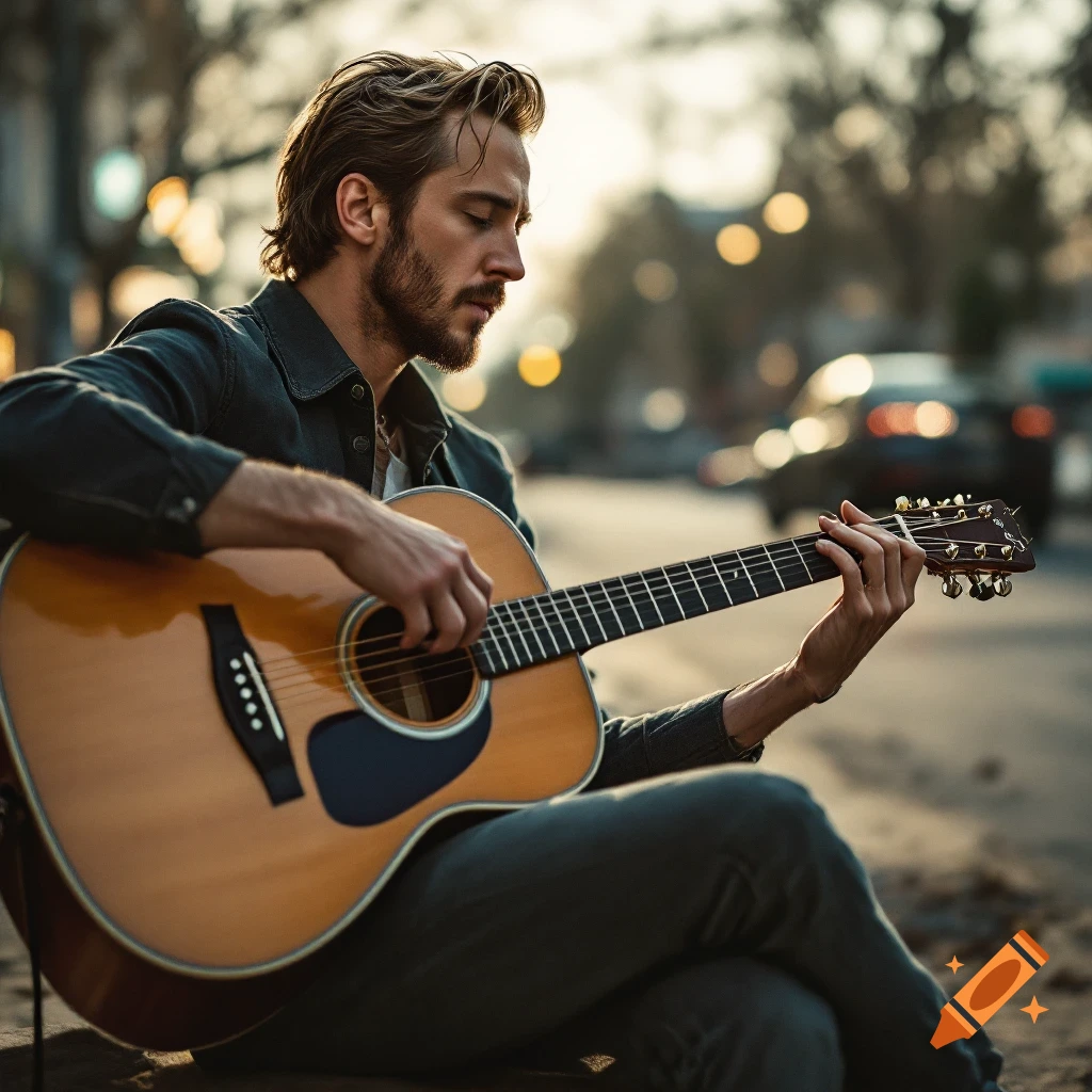 A man with a beard playing an acoustic guitar on a city street.