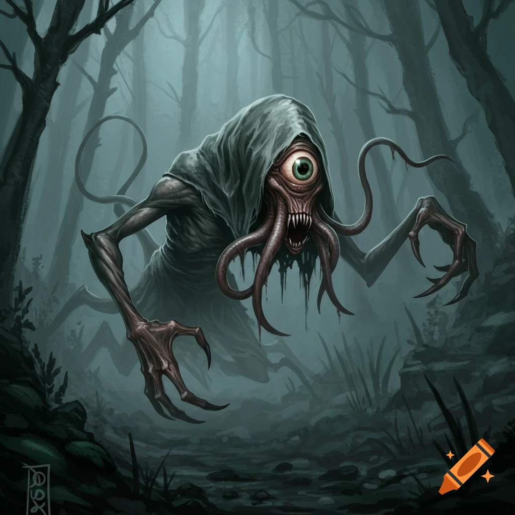 Illustration of a one-eyed tentacled monster in a misty forest.
