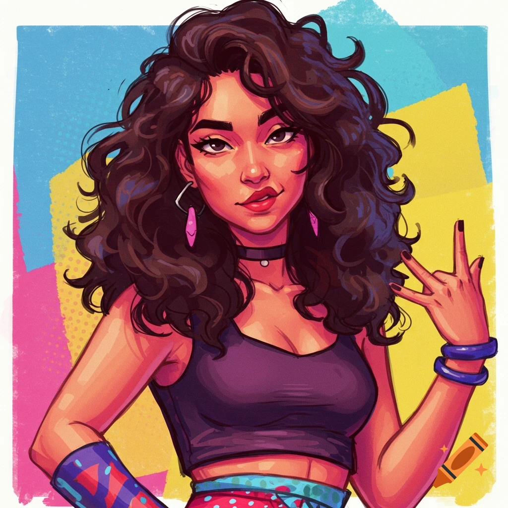 Illustration of a woman with curly hair wearing a purple crop top, making a rock-on gesture against a colorful background.
