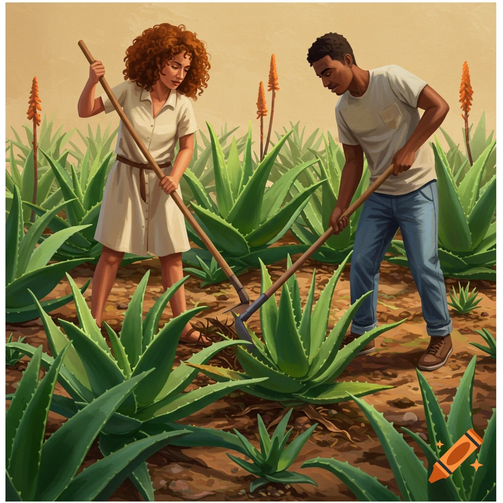 Illustrative depiction of a man and woman using hoes to work in a field of aloe plants.