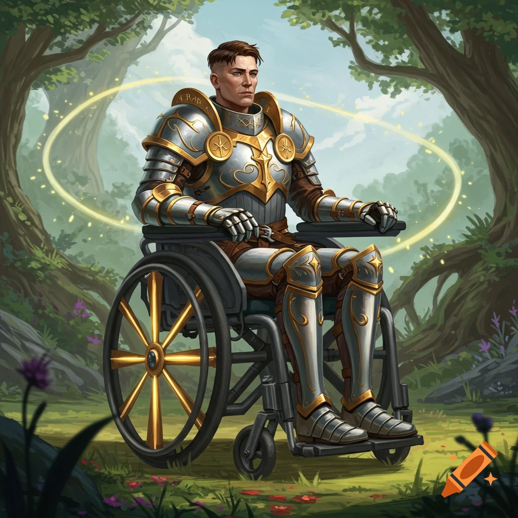 A paladin in golden and silver armor sits in a wheelchair in a magical forest.