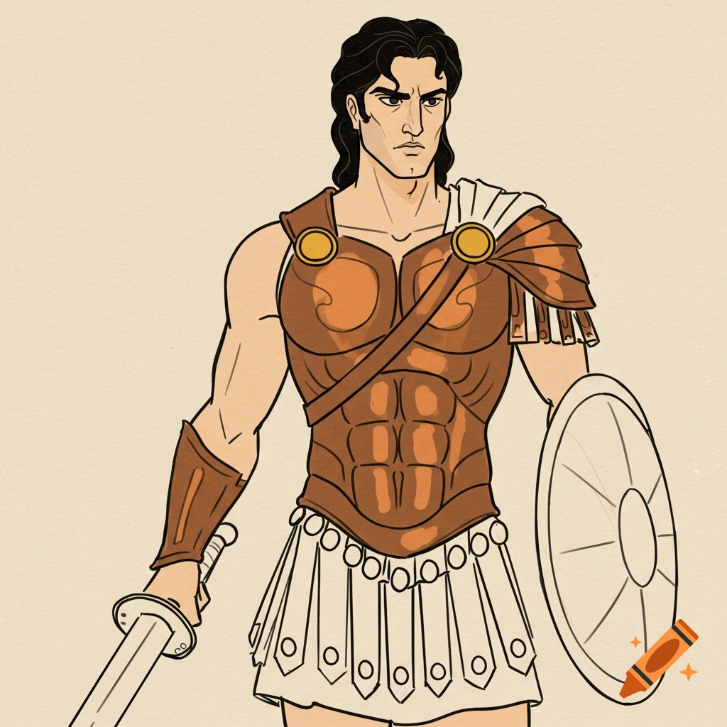 Drawing of Aeneas in armor with sword and shield
