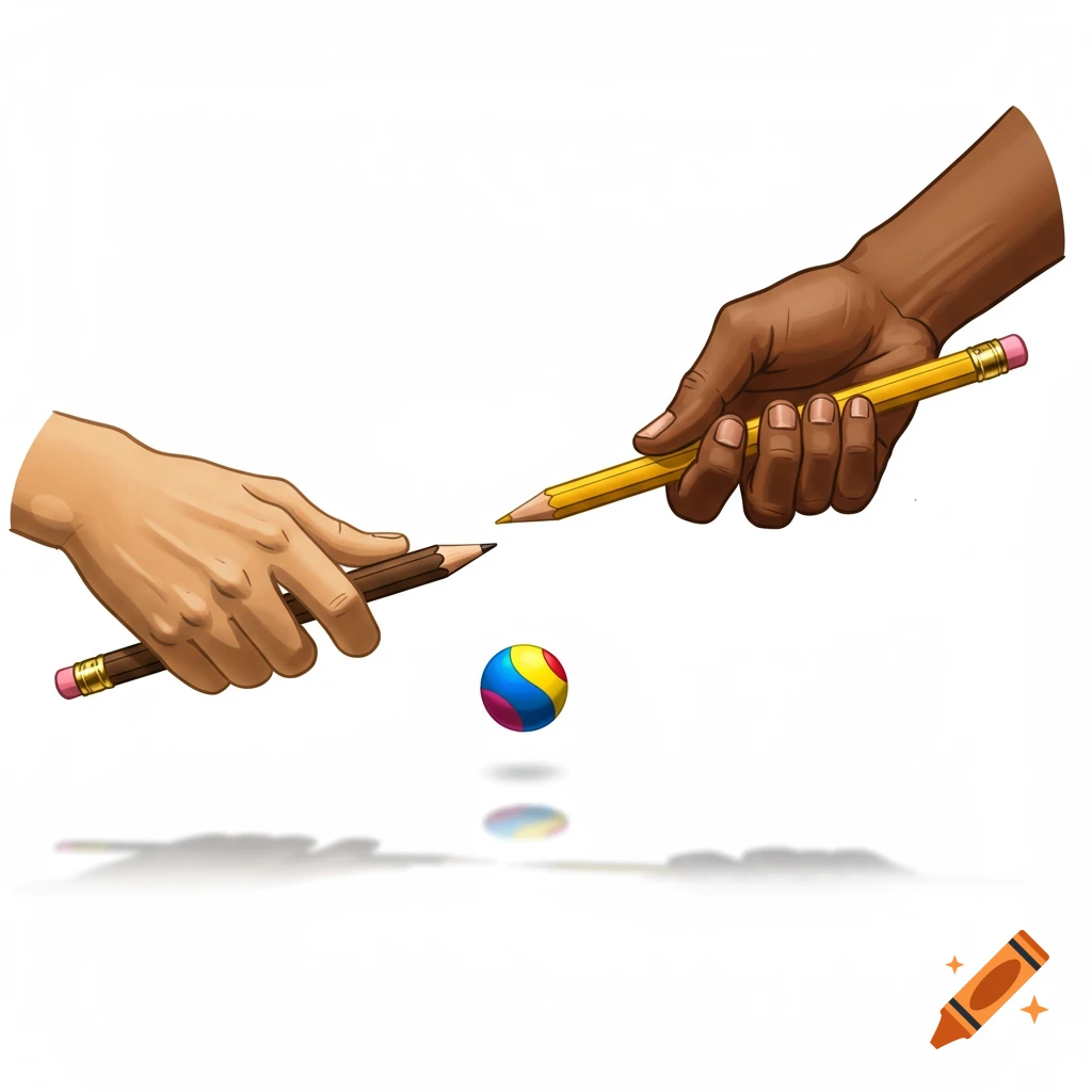 Illustration of two hands, different skin tones, holding pencils and batting a colorful ball.