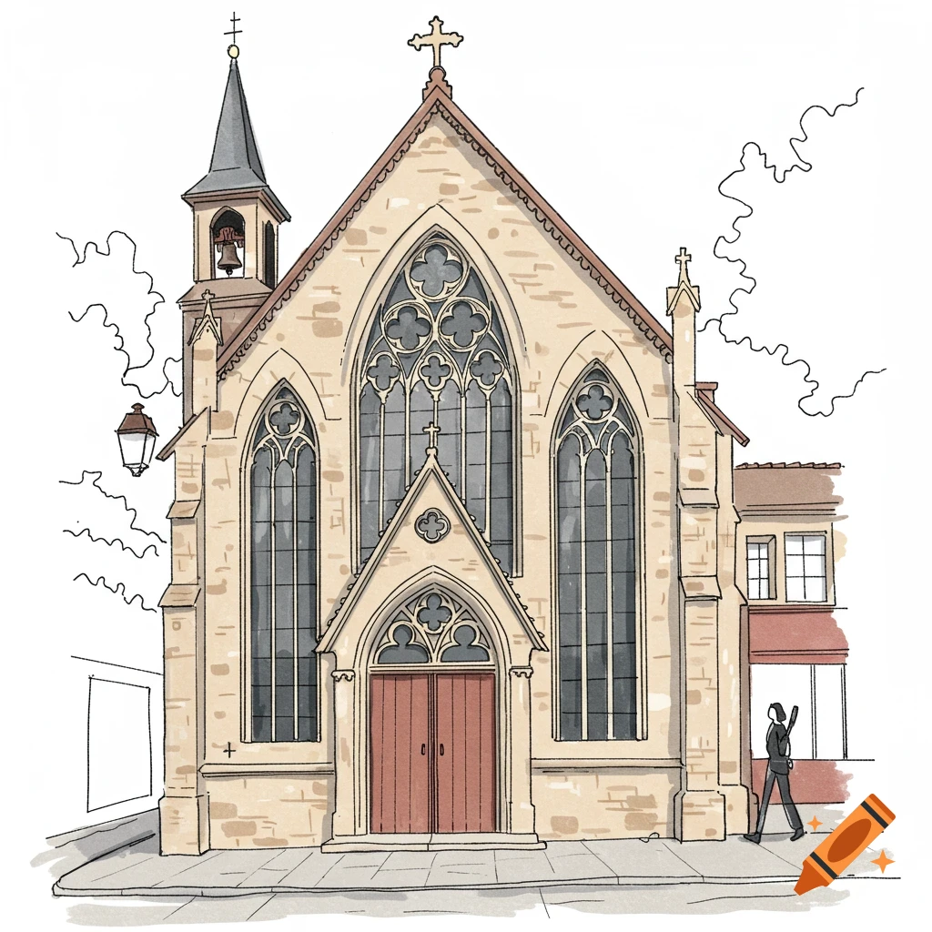 Simple sketch illustration of a church facade with a person walking by