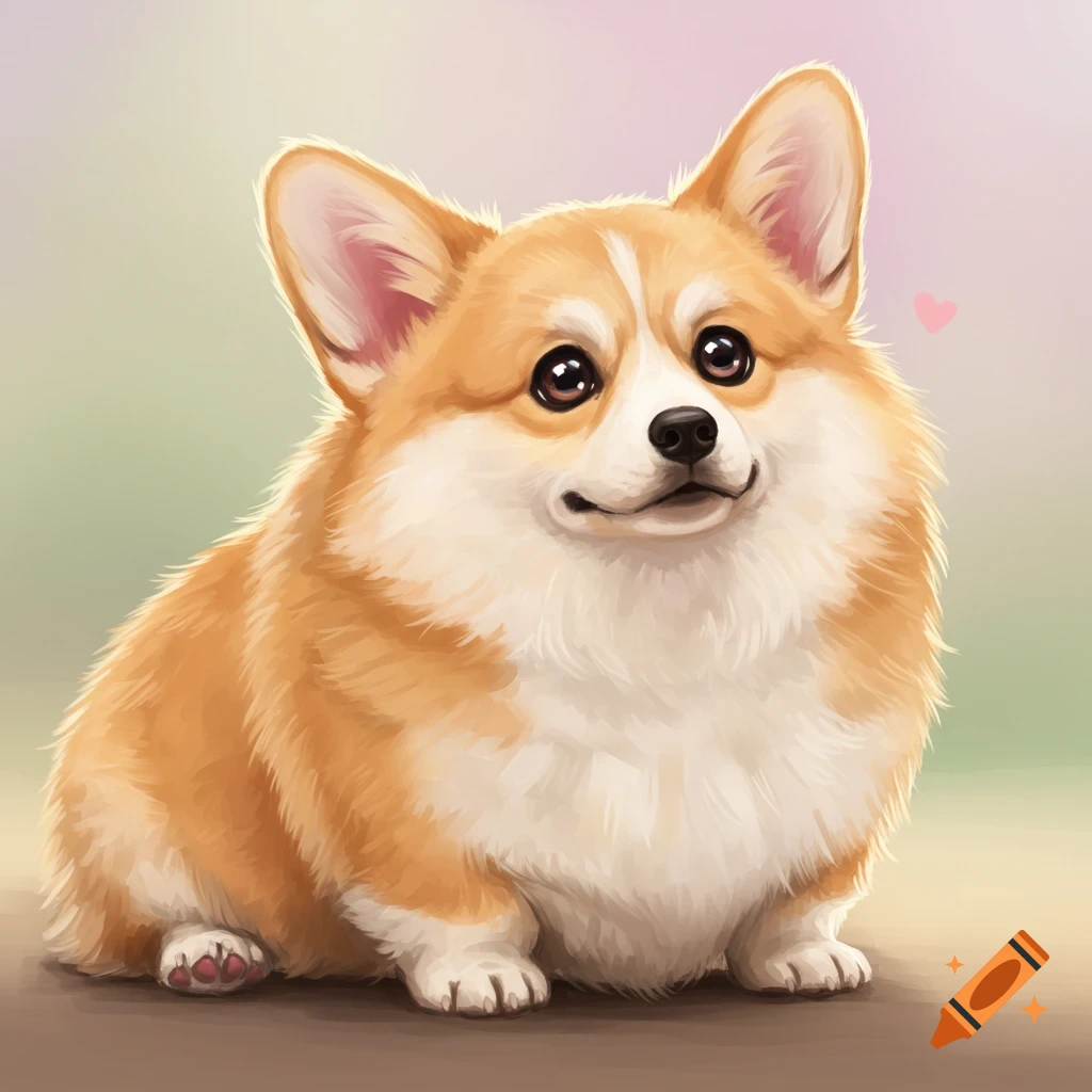 Cute fluffy corgi sitting, looking up, watercolor illustration style.