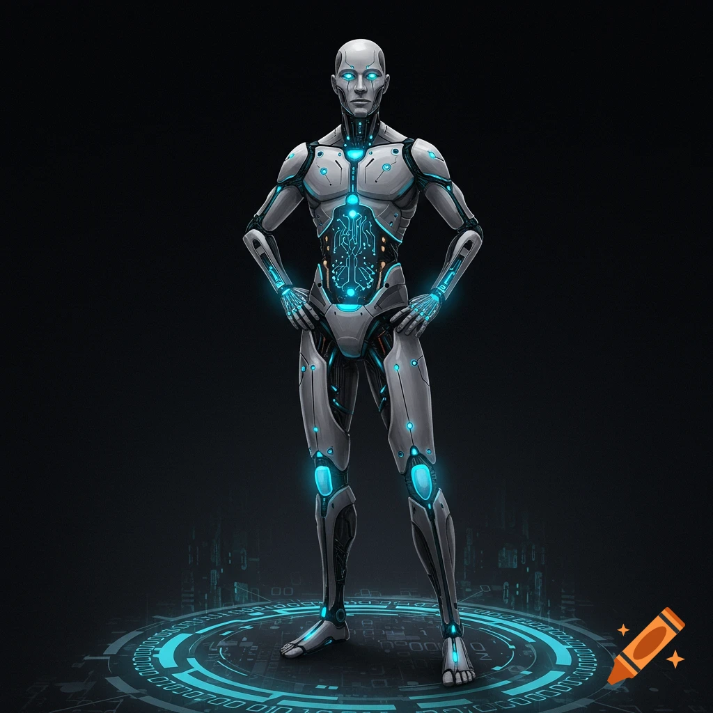 A humanoid robot with glowing blue circuitry elements stands on a circular digital platform.