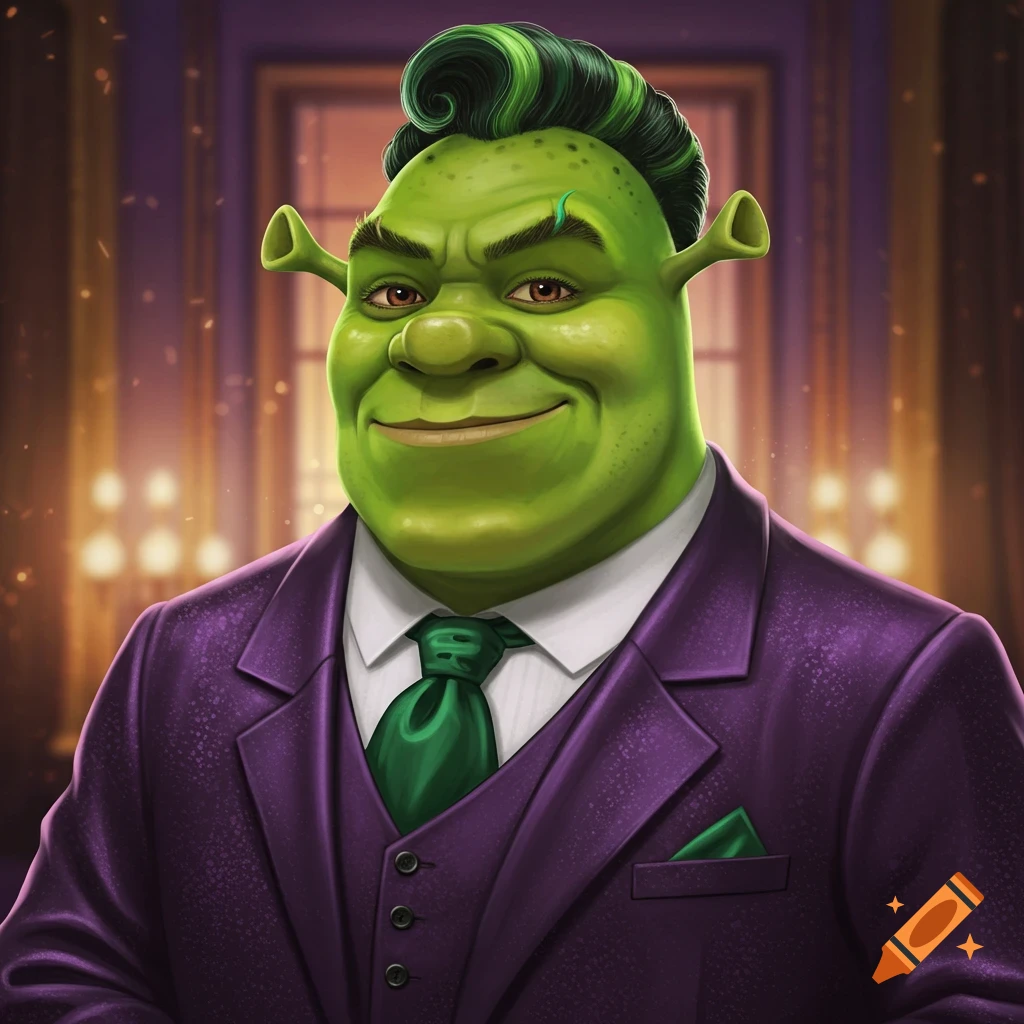 Shrek smiling in a purple suit, green tie, and green hair