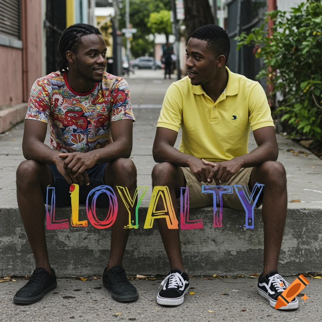 Two men sit on a city sidewalk with the word LOYALTY overlaid.