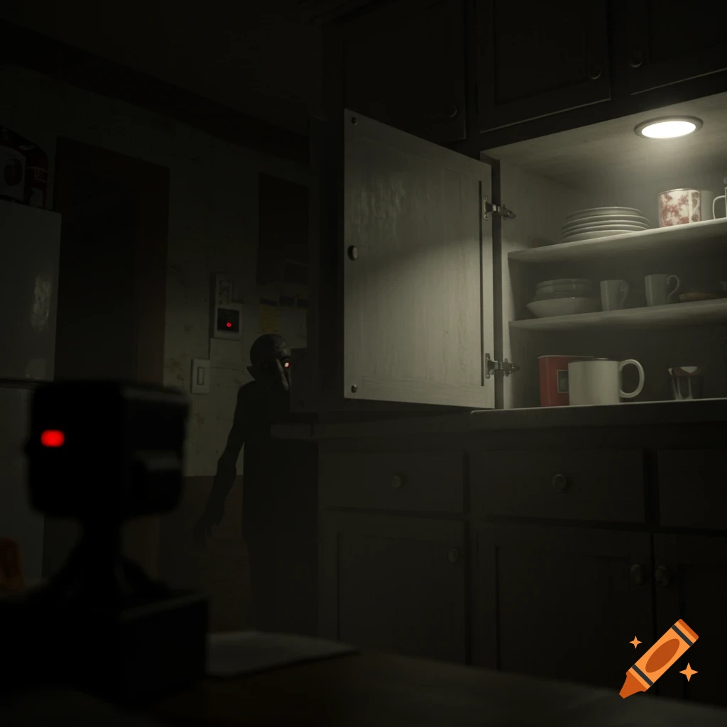 Shadowy figure with red eyes peers from an open kitchen cupboard in a dark room with a camera. Realistic.