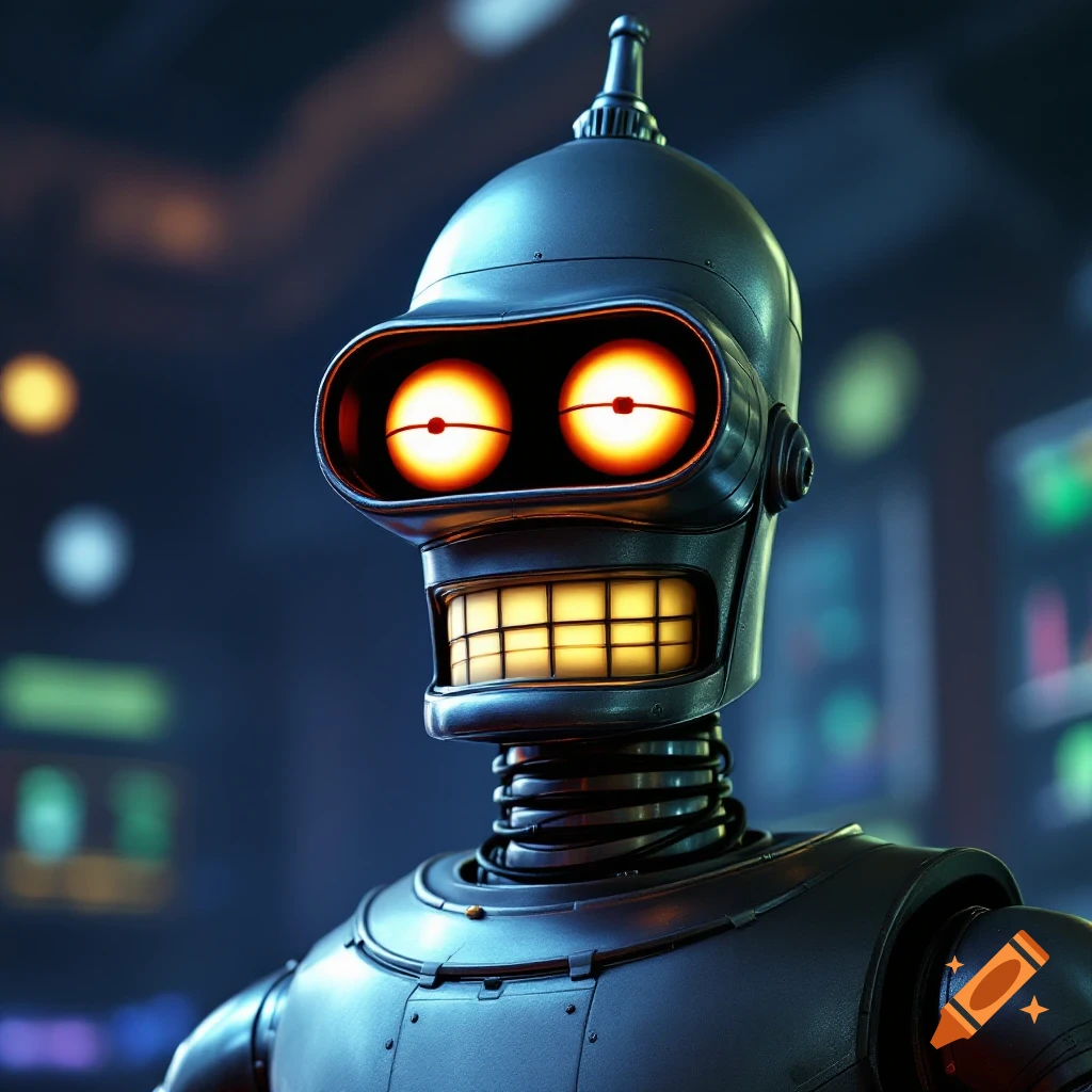 Close-up of Bender the robot from Futurama with glowing eyes and a grin, in a photorealistic style.