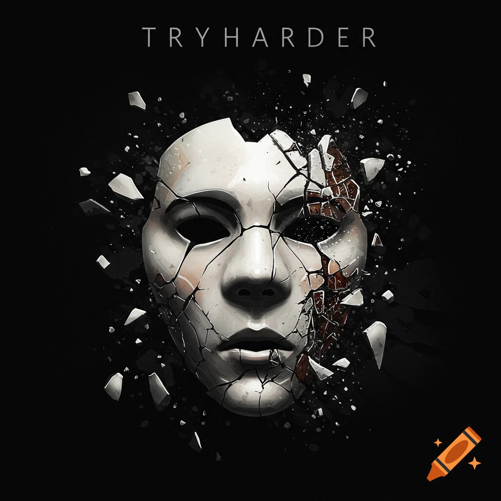 Broken white mask on black background with text TRYHARDER