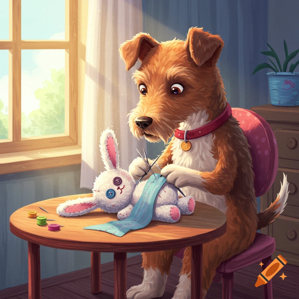 A cartoon dog sits at a table, sewing a stuffed rabbit toy.