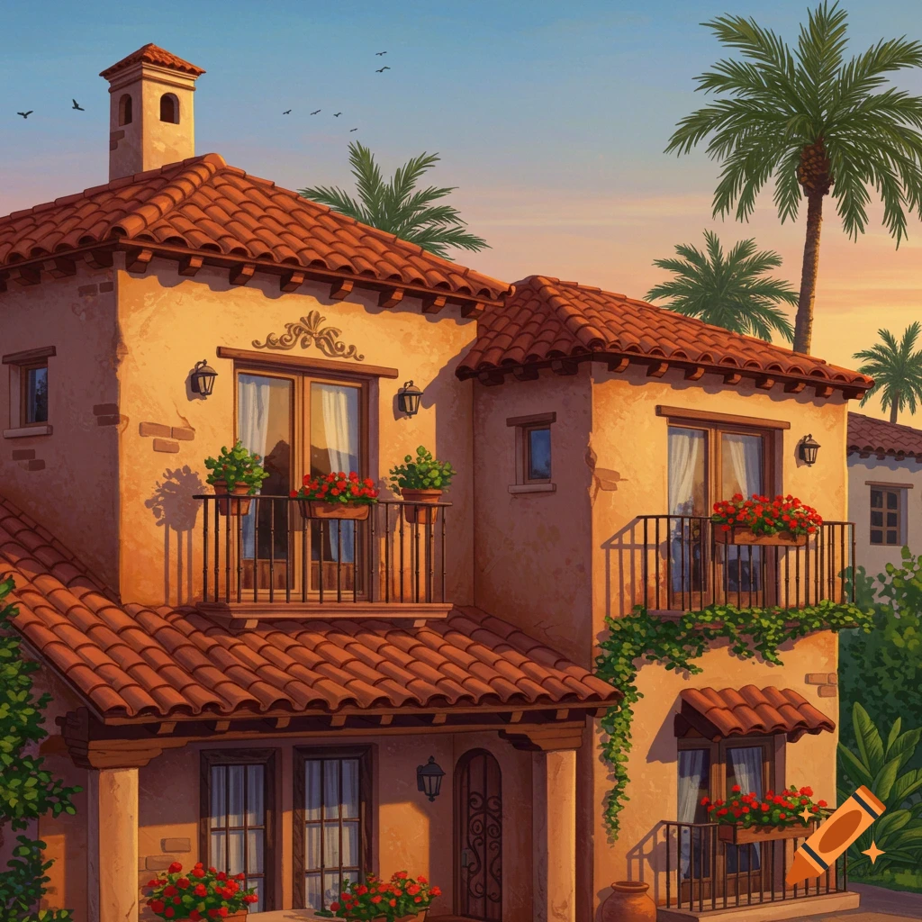 A Spanish-style house with balconies, tiled roof, palm trees, and potted red flowers under a sunset sky. Illustration style.