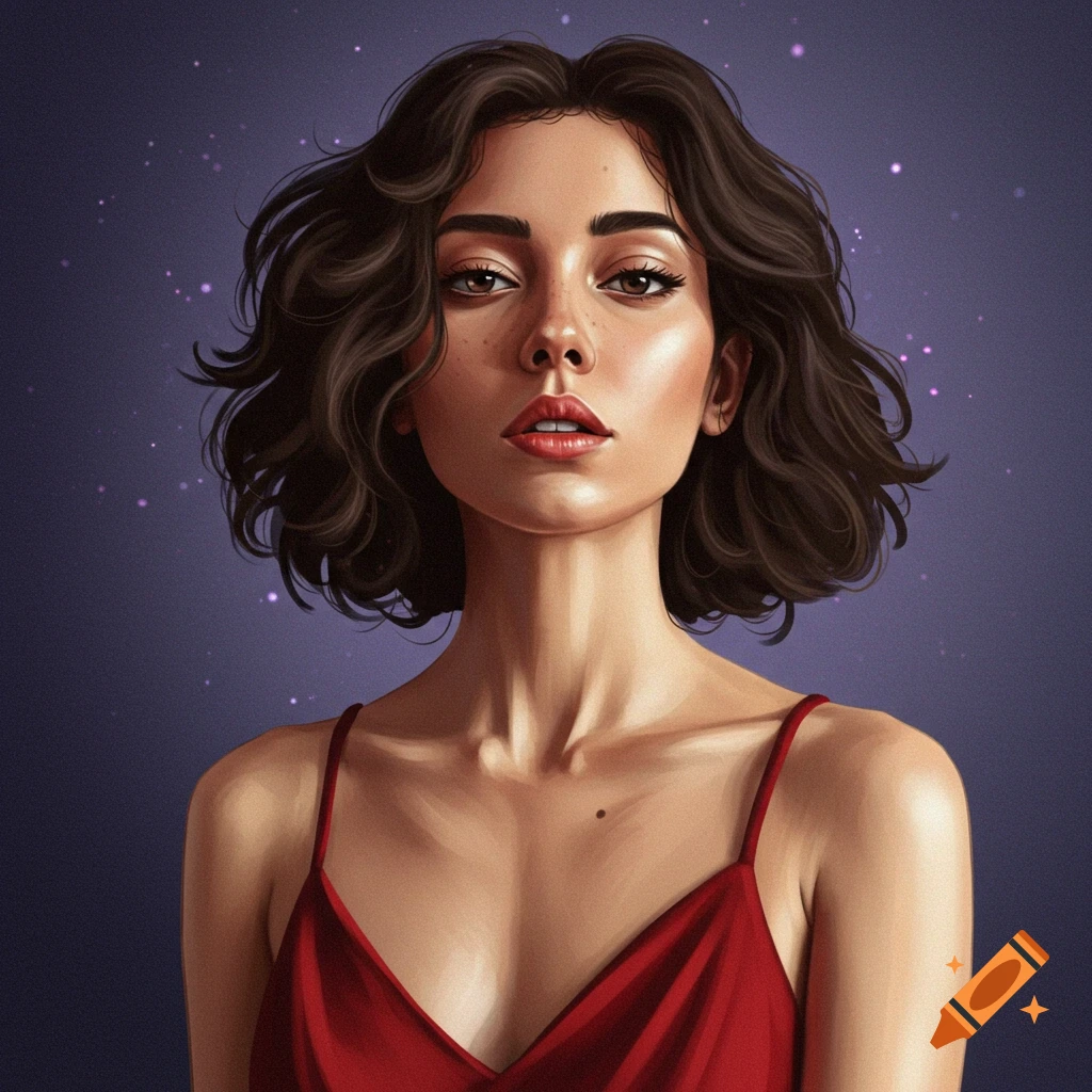 Stylized portrait illustration of a woman in a red dress against a dark, starry background.