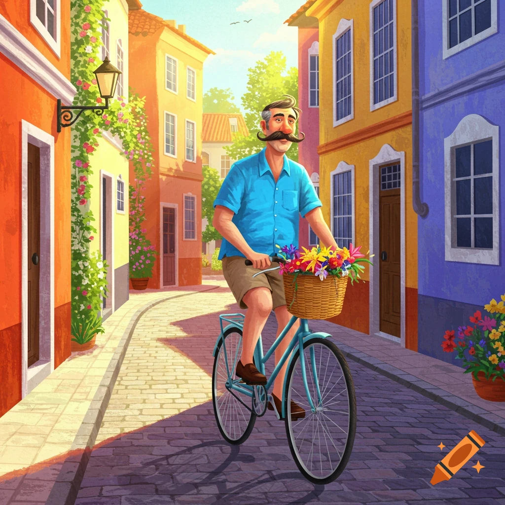 An illustration of a man with a large mustache riding a bicycle down a colorful street with a basket of flowers.