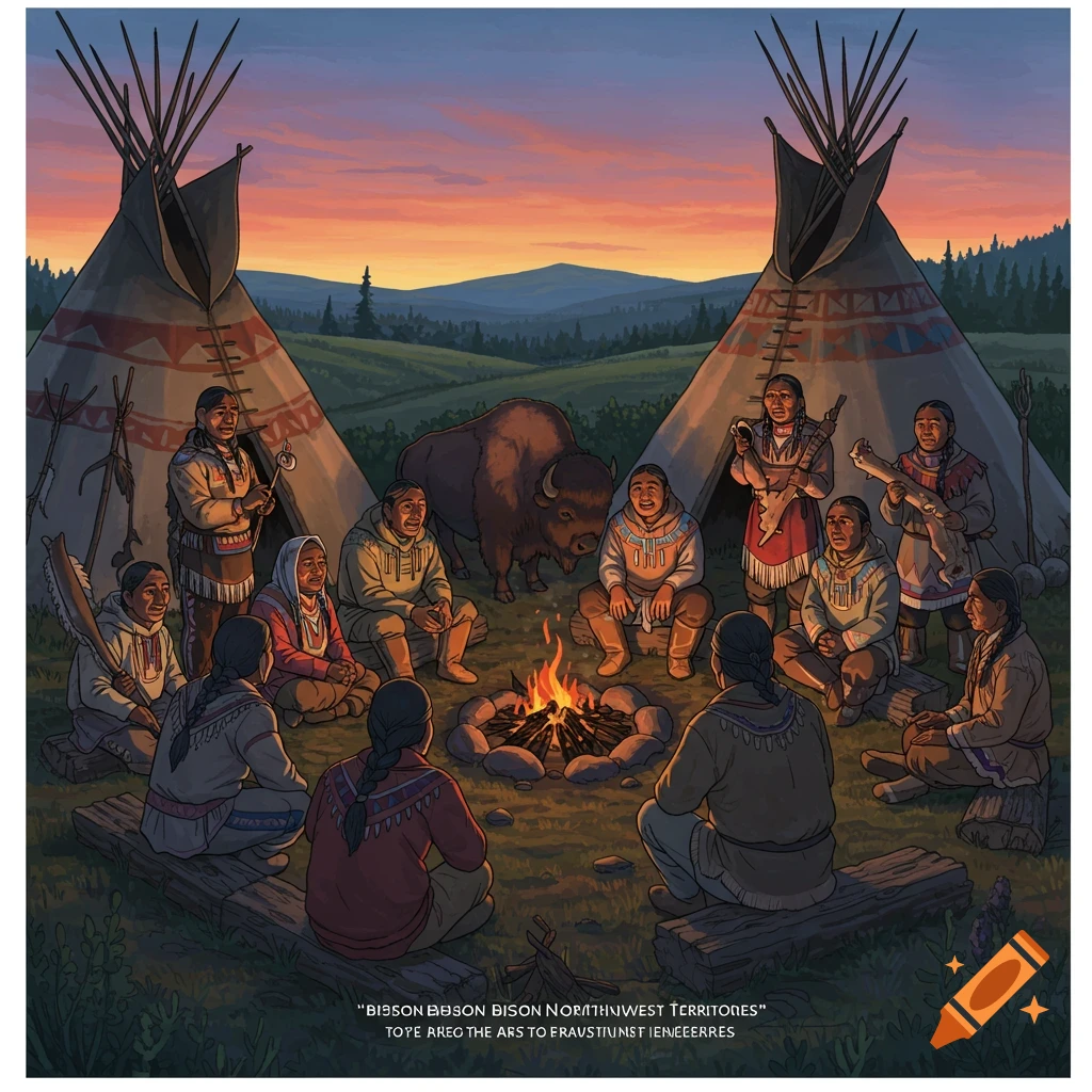 Illustration of Indigenous people sitting around a campfire near tipis with a bison in the background at sunset.