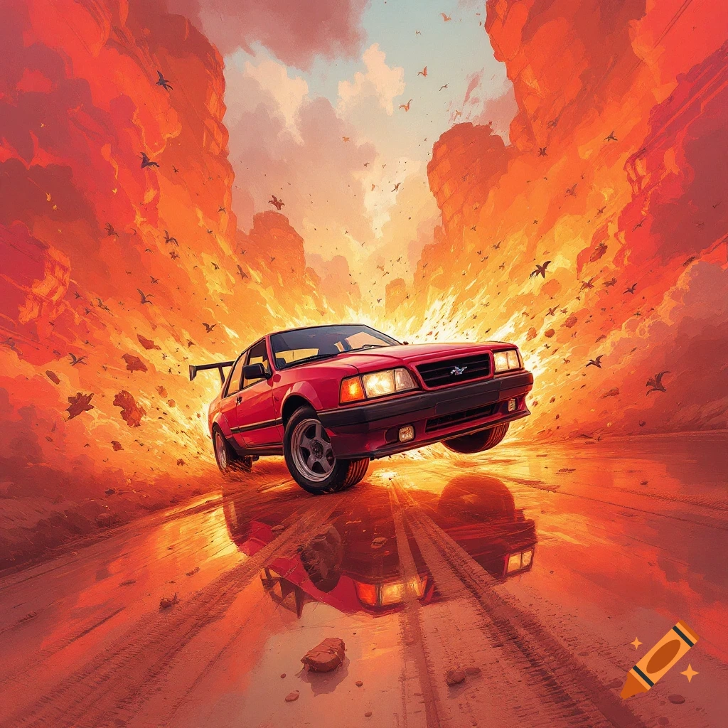 Dramatic illustration of a red car driving through an orange explosion with flying debris and birds.
