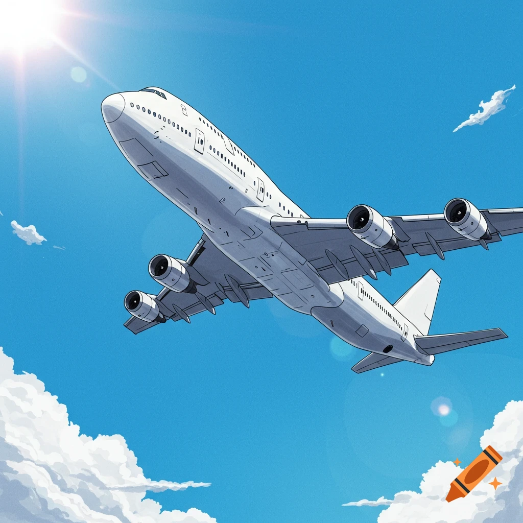 An anime-style drawing of a white airplane flying in a blue sky with clouds and sun.