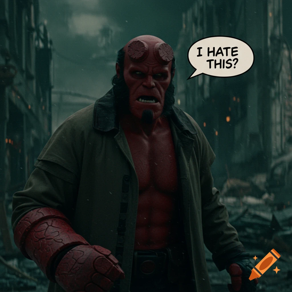 Hellboy stands in a ruined city, looking annoyed with a speech bubble saying 'I HATE THIS?'.