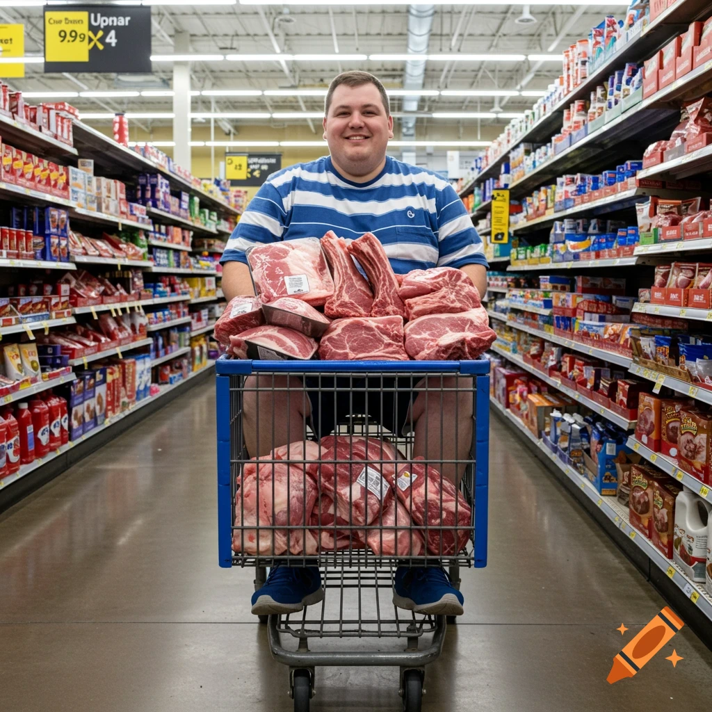 An obese man sits in an electric shopping cart filled with meat in a grocery store aisle.