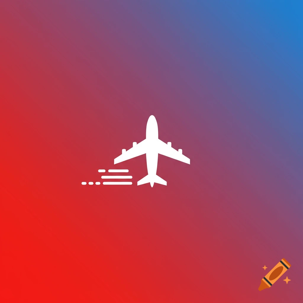 White airplane icon taking off against a red and blue gradient background