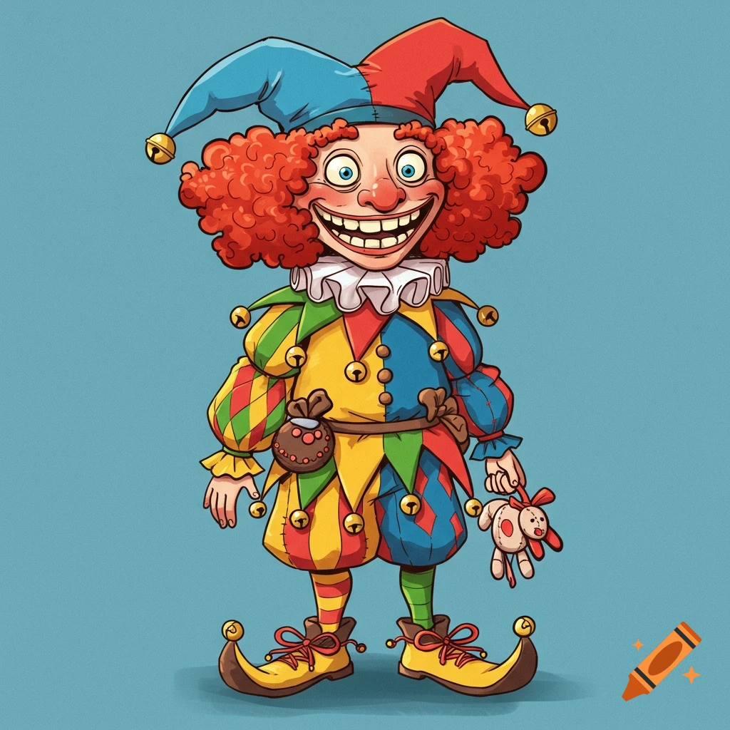 A colorful cartoon court jester with red curly hair and a wide smile, holding a toy.