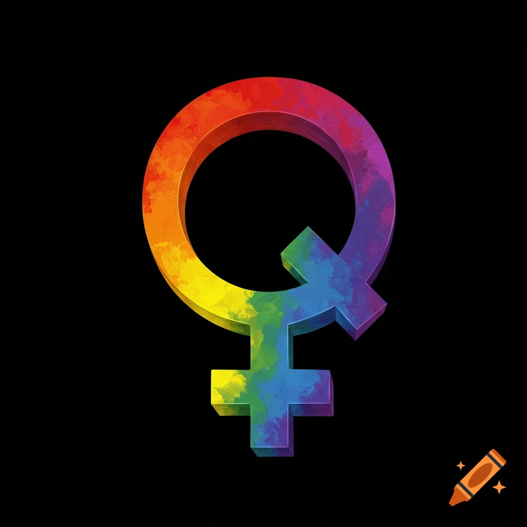 A 3D rainbow-colored female symbol tilted on a black background.
