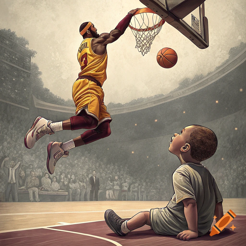 Basketball player dunks ball as child watches on court in stadium illustration.