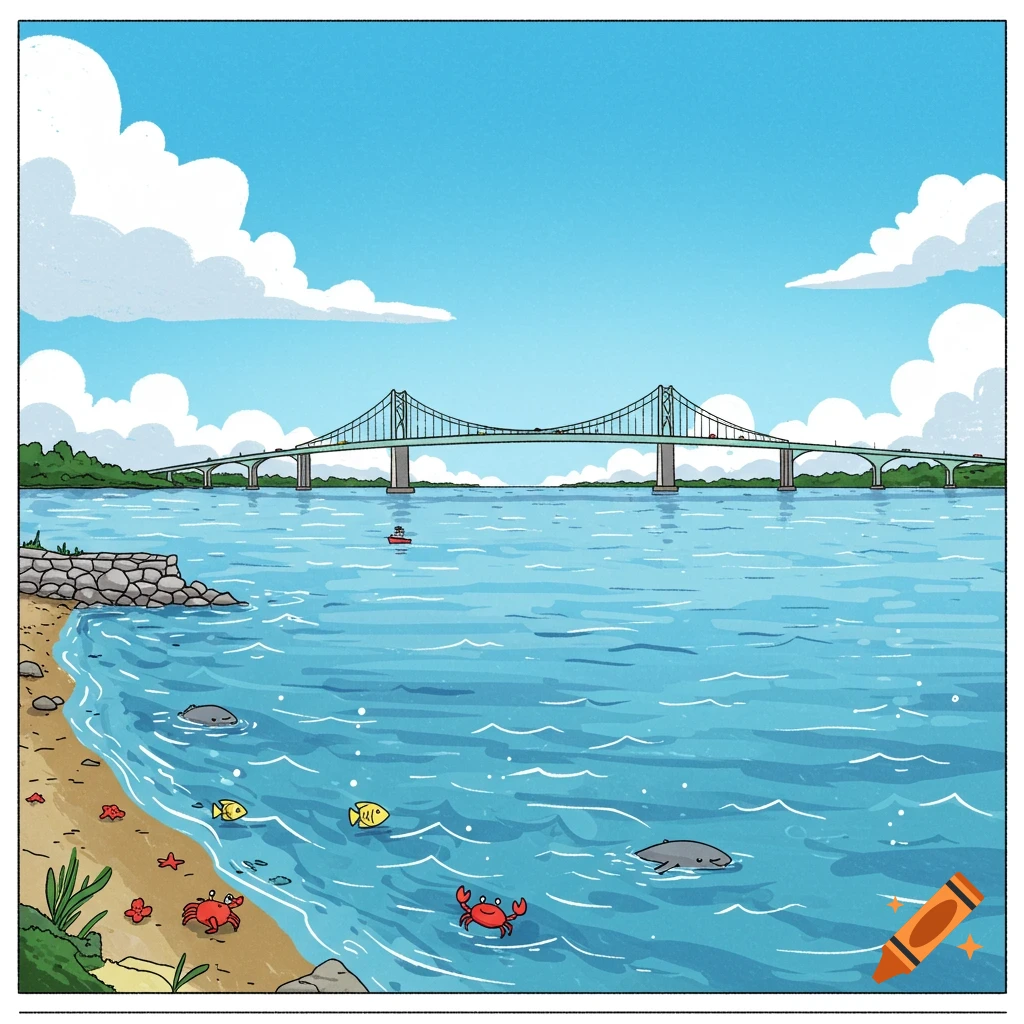 A cartoon landscape shows a bridge over water, a shoreline with crabs and fish, and clouds in the sky.