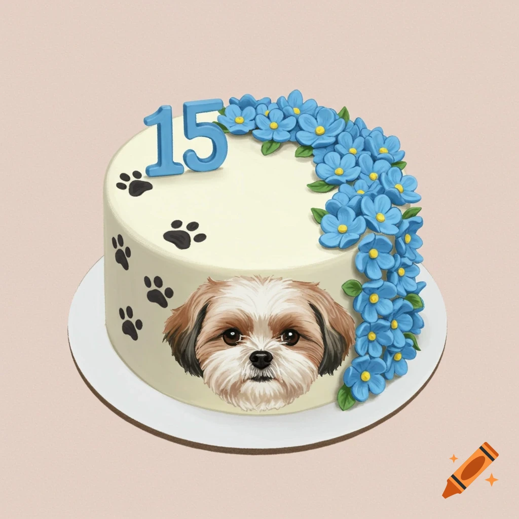 Circle cake with blue flowers, number 15, paw prints, and Shih Tzu face