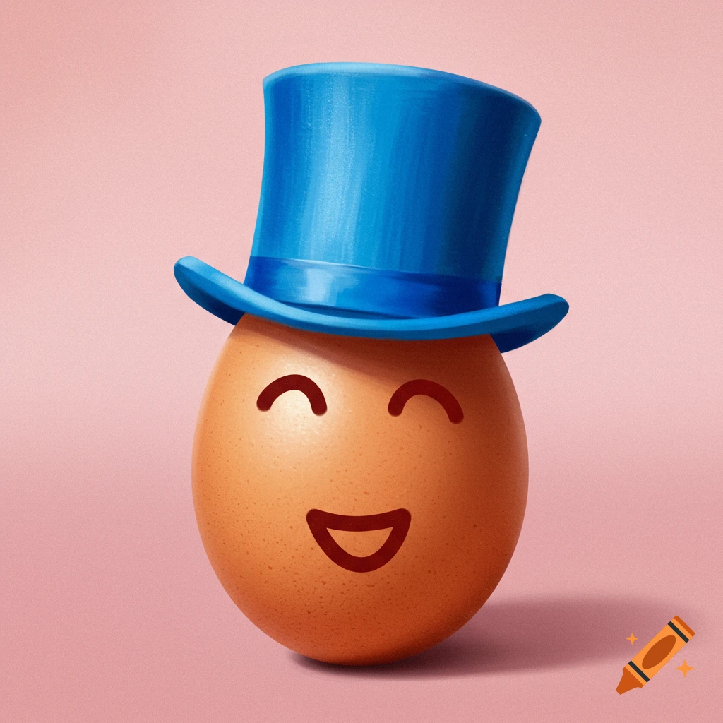 An illustration of an egg character with a blue top hat on a pink background.