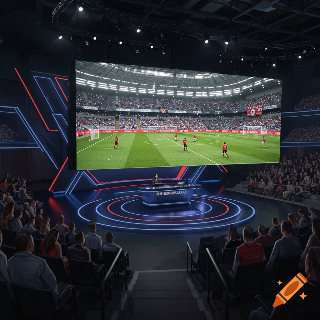 A sports broadcast studio with a large screen showing a soccer game, viewed from the audience seats.