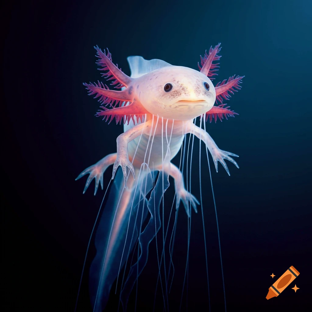 An axolotl-jellyfish hybrid floats in dark water with tentacles trailing.