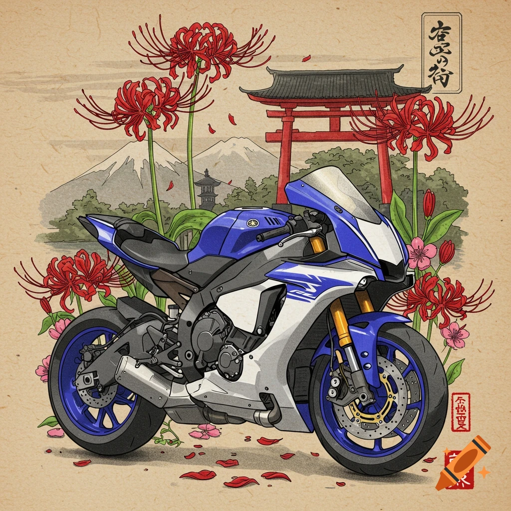 Yamaha R1 motorcycle drawing with red spider lilies, Japanese theme