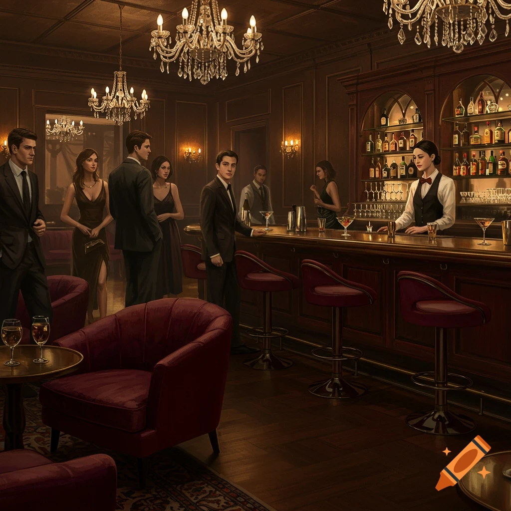 People stand and sit in a luxurious bar with chandeliers and a well-stocked bar counter.