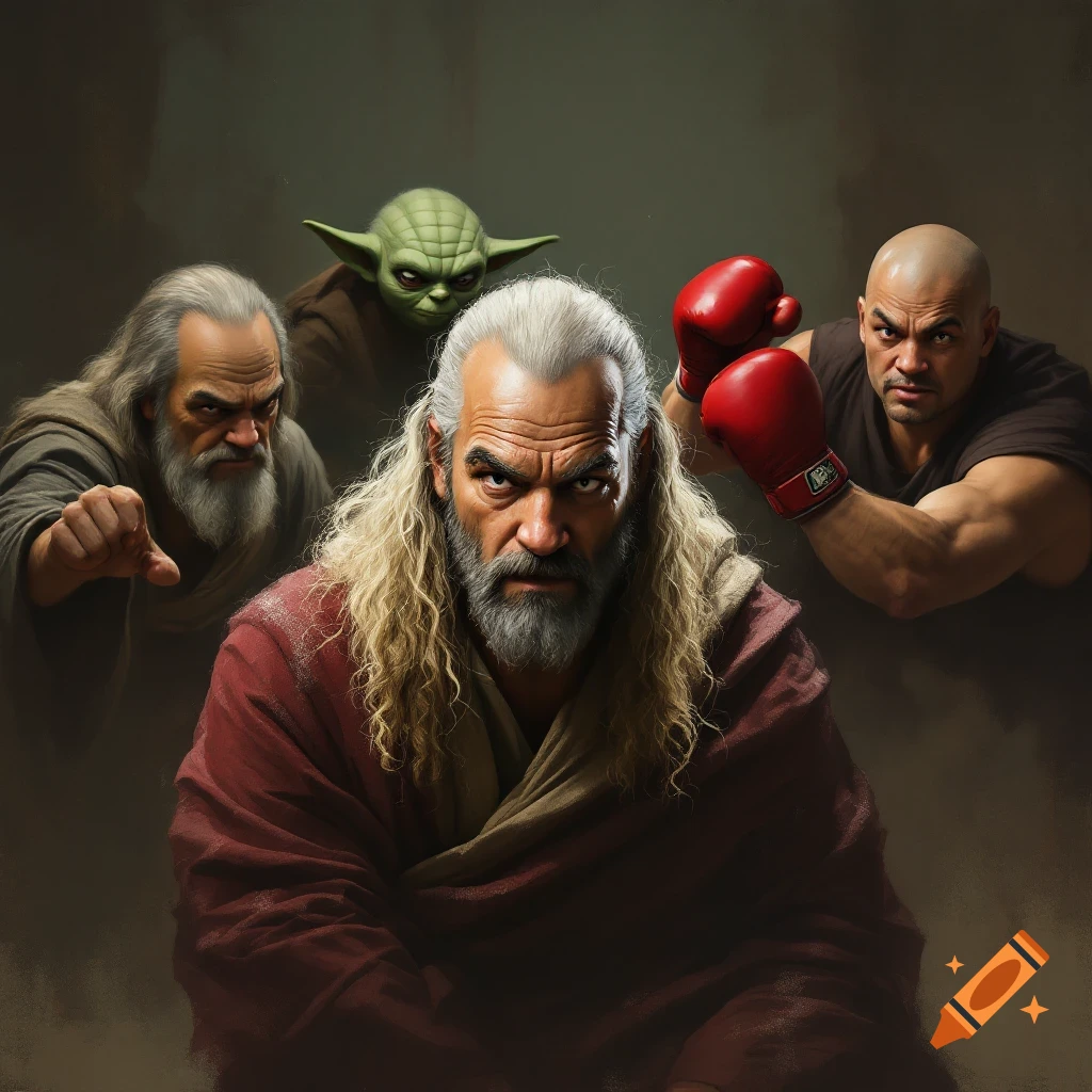 A painting featuring a central wise old man with long hair, with Yoda and a man in boxing gloves behind him.