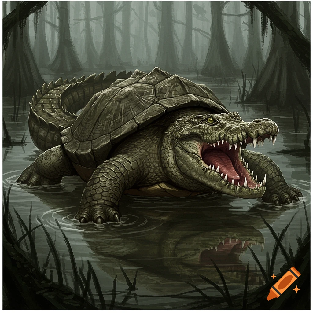 Illustration of a vicious-looking turtle-crocodile hybrid in a swamp with its mouth wide open.
